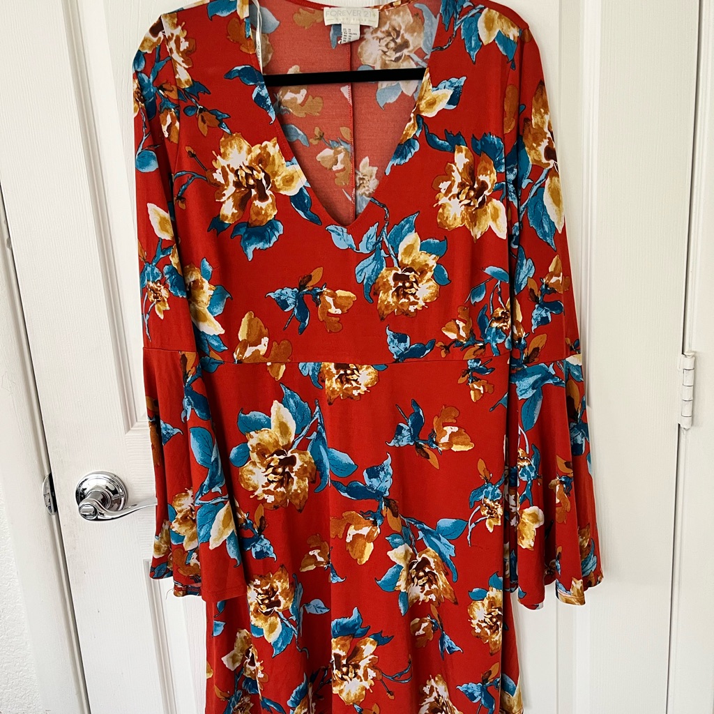 Forever 21 Rust Floral V-Neck Bell Sleeve Dress With Blue & Gold Accents